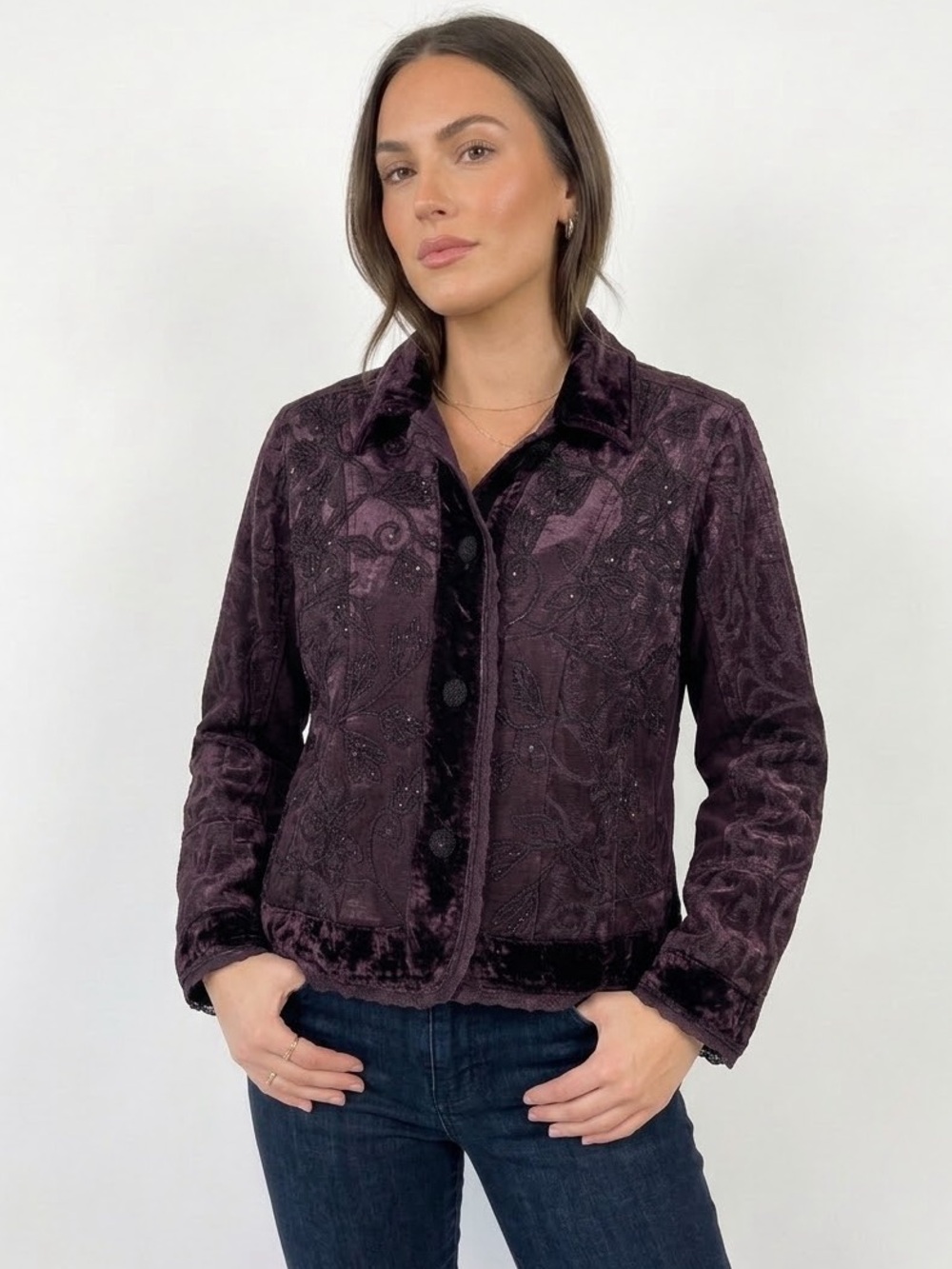 NWT Urban Tribe Velvet Brocade Beaded Jacket M Eggplant Purple Whimsigoth Y2K